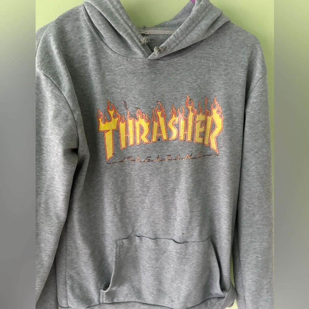 Thrasher Gray Sweater with Bold Flame Logo